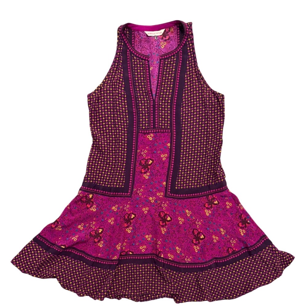 Rebecca Taylor Magenta Purple Mixed Floral 100% Silk Sleeveless Mini Dress 6